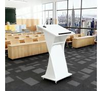 Portable Podium Stand for Churches Schools & SeminarsAdjustable Lectern with Wheels Sturdy Floor Standing Design White 23.6″L x 19.7″W x 42.5″H