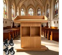 Portable Podium Stand with Lockable Wheels Mobile Pulpit with Storage for Church Office School Conference Restaurant - Durable & Stylish Natural Finish