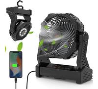 Portable Rechargeable Fan with Light, 10000mAh Battery Operated Tent Fan with Light & Hook, 270° Pivot, 3 Speeds, Personal USB Table Fan for Camping, Power Outage, Hurricane, Jobsite