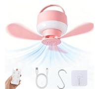 Portable Rechargeable Hanging Fan Light for Indoor & Outdoor Use, Ceiling Fans Lights with Remote Timer 3 Colors, 5 Speeds, 3m wires, 2-in-1 Camping Fan, Portable Detachable USB Tent Fan (Pink)