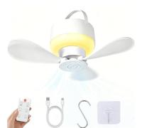 Portable Rechargeable Hanging Fan Light for Indoor & Outdoor Use, Ceiling Fans Lights with Remote Timer 3 Colors, 5 Speeds, 3m wires, 2-in-1 Camping Fan, Portable Detachable USB Tent Fan (White)