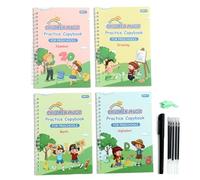 Portable Rilled Copybook - 4 x Handwriting Exercise Books, Ink Tracing Workbook, Ergonomic Groove Design, Disappearance of Ink Set, Early Learning Pen Control, Reusable