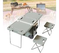 Portable Rolling Cooler with Folding Cart, Picnic and Camping Table with 2 Chairs for Outdoor Use - No Electricity Needed
