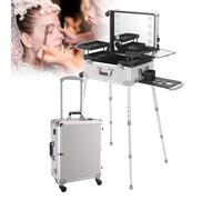 Portable Rolling Makeup Train Case with Lighted Mirror and Foldable Nail Table, Free Standing Box for Professional Makeup Artists and Enthusiasts