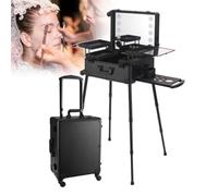 Portable Rolling Makeup Train Case with Lighted Mirror and Foldable Nail Table, Free Standing Box for Professional Makeup Artists and Enthusiasts