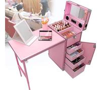 Portable Rolling Manicure Table Foldable Traveling Nail Desk, Lockable Makeup Train Case, for Makeup Salon Travel Cosmetic Trolley Storage Organizer
