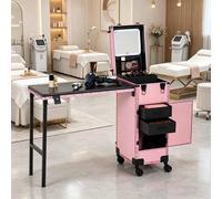 Portable Rolling Manicure Table, Lockable Makeup Train Case, LED Mirror & Nail Polish Organizer, Scalable Foldable Desktop, Mobile Nail Tech Workstation with Wheels (39×27.1×68 cm)