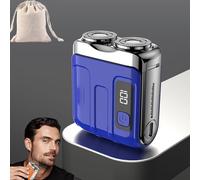 Portable Rotary Dual Ring Electric Shaver, Waterproof Mini Electric Rotary Dual Ring Pocket Shaver, Double Head Mini Travel Razor Men with Floating Head, Wet and Dry, Cordless (Blue,Digital Display)