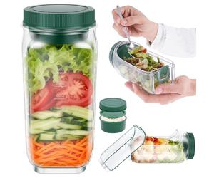 Portable Salad Pod,1L Vertical Layering Salad Pod Jar Side Open with Leak Proof Sauce Lid,Reusable Meal Prep Container On-the-Go for Pasta Chicken Antipasti Mix Pizza Small Roast,Built-In Bowl (1Pcs)