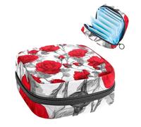 Portable Sanitary Napkin Storage Bag, Menstrual Cup Pouch Feminine Menstruation Pads Bag for Teen Girls, Tampons First Period Kit, Seamless Roses Red on White Background