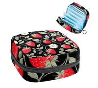Portable Sanitary Napkin Storage Bag, Menstrual Cup Pouch Feminine Menstruation Pads Bag for Teen Girls, Tampons First Period Kit, Garden Fruit Strawberries Leaves and White Flowers
