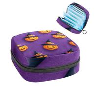 Portable Sanitary Napkin Storage Bag, Menstrual Cup Pouch Feminine Menstruation Pads Bag for Teen Girls, Tampons First Period Kit, Halloween Pumpkin Wearing Hat Purple Background