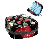 Portable Sanitary Napkin Storage Bag, Menstrual Cup Pouch Feminine Menstruation Pads Bag for Teen Girls, Tampons First Period Kit, Seamless Fruit Strawberries Leaves and Flowers