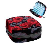 Portable Sanitary Napkin Storage Bag, Menstrual Cup Pouch Feminine Menstruation Pads Bag for Teen Girls, Tampons First Period Kit, Seamless Pattern with Red Flowers