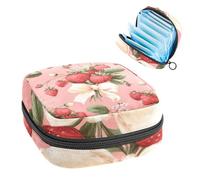 Portable Sanitary Napkin Storage Bag, Menstrual Cup Pouch Feminine Menstruation Pads Bag for Teen Girls, Tampons First Period Kit, Spring Strawberries Bouquets and Bows Pink Background