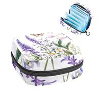 Portable Sanitary Napkin Storage Bag, Menstrual Cup Pouch Feminine Menstruation Pads Bag for Teen Girls, Tampons First Period Kit, Purple Bluebell Flowers Sage Chamomile with Butterflies