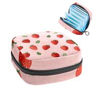 Portable Sanitary Napkin Storage Bag, Menstrual Cup Pouch Feminine Menstruation Pads Bag for Teen Girls, Tampons First Period Kit, Cute Little Strawberries Fruit Seamless Pattern