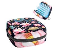 Portable Sanitary Napkin Storage Bag, Menstrual Cup Pouch Feminine Menstruation Pads Bag for Teen Girls, Tampons First Period Kit, Bright Lotus Flowers in a Vintage Style
