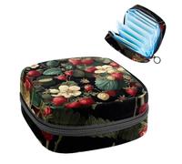 Portable Sanitary Napkin Storage Bag, Menstrual Cup Pouch Feminine Menstruation Pads Bag for Teen Girls, Tampons First Period Kit, Fruit Garden of Strawberries Leaves and Flowers
