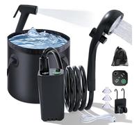Portable Shower for Camping, 6000mAh Rechargeable Camping Shower Pump with 20L Collapsible Bucket,Shower Head and Bidet Sprayer,IPX7 Waterproof Outdoor Camping Shower (Black)