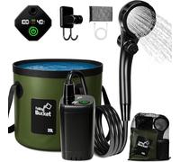 Portable Shower for Camping with LED Light, Rechargeable Camp Shower Pump with Foldable 5.3-Gallon Bucket, Filtered Shower Head, Outdoor Shower Pump for Hiking, RV, Travel, Car Washing, Pet Bath