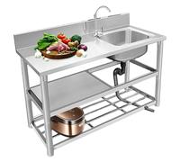 Portable Sink, Free Standing Stainless-Steel Single Bowl Restaurant Kitchen Set Washing Hand Basin with Workbench and Double Storage Shelves for(Right Sink,100x50x80cm)