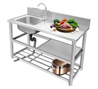 Portable Sink, Free Standing Stainless-Steel Single Bowl Restaurant Kitchen Set Washing Hand Basin with Workbench and Double Storage Shelves for(Left Sink,100x50x80cm)