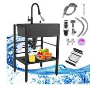 Portable Sink,Outdoor with Drainboard Free-Standing Kitchen Cucina Includes Drain Kit Ideal for Garage Restaurant Garden Laundry Use(Black (with Faucet),68x45x86cm)