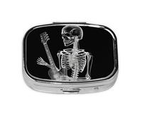 Portable Small Pill Box, 2 Compartments, Metal Pill Holder, Vitamin and Pill Holder Organizer, Cute Abstract X-Ray Skeleton Skull Design for