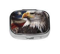 Portable Small Pill Box, 2 Compartments, Metal Pill Holder, Vitamin Organizer with Cute Bald Eagle, US Flag, Travel Pill Box for Pocket