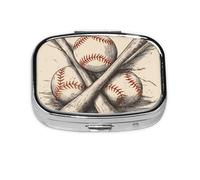Portable Small Pill Box 2 Compartments Metal Pill Organizer Vitamin Pill Cute Hand Drawing Baseball Bats Ball Travel Pill Case Pocket Wallet