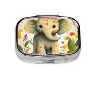 Portable Small Pill Box with 2 Compartments Metal Organizer Vitamin Pills Cute Cartoon Elephant with Plant Painting Travel Pill Box Pocket for