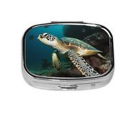 Portable Small Pill Box with 2 Compartments Metal Pill and Vitamins, Cute Sea Turtle Travel Organizer for Wallet Pocket