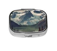 Portable Small Pill Box with 2 Compartments Metal Pill and Vitamins Organizer Cute Alaska Mountains Travel Pill Box for Wallet Pocket