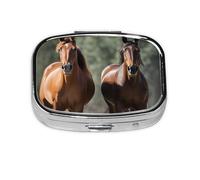 Portable Small Pill Box with 2 Compartments Metal Pill and Vitamins Organizer Cute Animals Horses Travel Pill Cases for Wallet Pocket