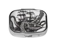 Portable Small Pill Box with 2 Compartments Metal Pill and Vitamins Organizer Cute Black and White Octopus and Travel Pill Box for Purse Pocket