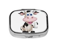 Portable Small Pill Box with 2 Compartments Metal Pill and Vitamins Organizer Cute Cartoon Milk Cow Travel for Wallet Pocket