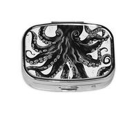 Portable Small Pill Box with 2 Compartments Metal Pill and Vitamins Organizer Cute Classic Black Octopus Wallet Pocket