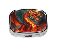 Portable Small Pill Box with 2 Compartments Metal Pill and Vitamins Organizer Cute Dragon King on Fire Travel Pill Box for Wallet Pocket