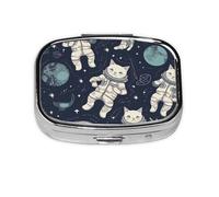 Portable Small Pill Box with 2 Compartments Metal Pill and Vitamins Organizer Cute Funny Astronaut Cat Travel Pill Box for Wallet Pocket