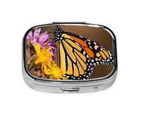 Portable Small Pill Box with 2 Compartments Metal Pill and Vitamins Organizer Cute Monarch Butterfly Travel Wallet Pocket