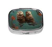 Portable Small Pill Box with 2 Compartments Metal Pill and Vitamins Organizer Cute Otters in Love Travel Pill Box for Wallet Pocket