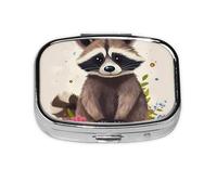 Portable Small Pill Box with 2 Compartments Metal Pill and Vitamins Organizer Cute Raccoon Travel for Wallet Pocket