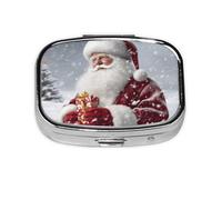 Portable Small Pill Box with 2 Compartments Metal Pill and Vitamins Organizer Cute Santa Claus Secenry Snow Travel Pill Box for Wallet Pocket