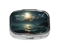 Portable Small Pill Box with 2 Compartments Metal Pill and Vitamins Organizer Cute Sea Moon Travel Wallet Pocket