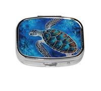 Portable Small Pill Box with 2 Compartments Metal Pill and Vitamins Organizer Cute Sea Turtle Travel Organizer Blue for Wallet Pocket