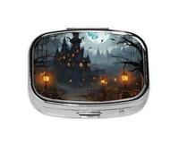 Portable Small Pill Box with 2 Compartments Metal Pill and Vitamins Organizer Cute Shadow Castle and Witch Travel Wallet Pocket