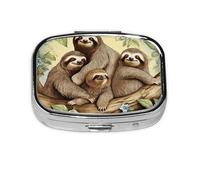 Portable Small Pill Box with 2 Compartments Metal Pill and Vitamins Organizer Cute Sloth Family Travel for Wallet Pocket