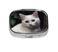 Portable Small Pill Box with 2 Compartments Metal Pill and Vitamins Organizer Cute White Cat for Wallet Pocket