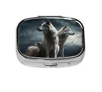 Portable Small Pill Box with 2 Compartments Metal Pill and Vitamins Organizer Cute Wolf at Night Travel Pill Box for Wallet Pocket
